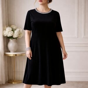 VINTAGE John Roberts Black Stretch Velvet Dress with Rhinestone Neckline